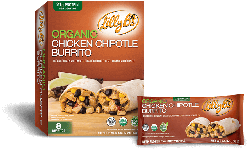 LilyB's Organic Chicken Chipotle Burrito Package and Individual Wrapper